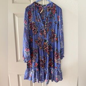 Anthropologie Diana Mixed Floral Prints V Neck Ruffle Peasant Dress Blue
